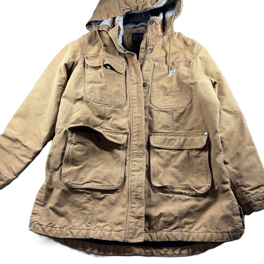 Carhartt Women Coat Loose Fit Sherpa Lined Hooded Canvas OJ5512-W Tan XL 16-18